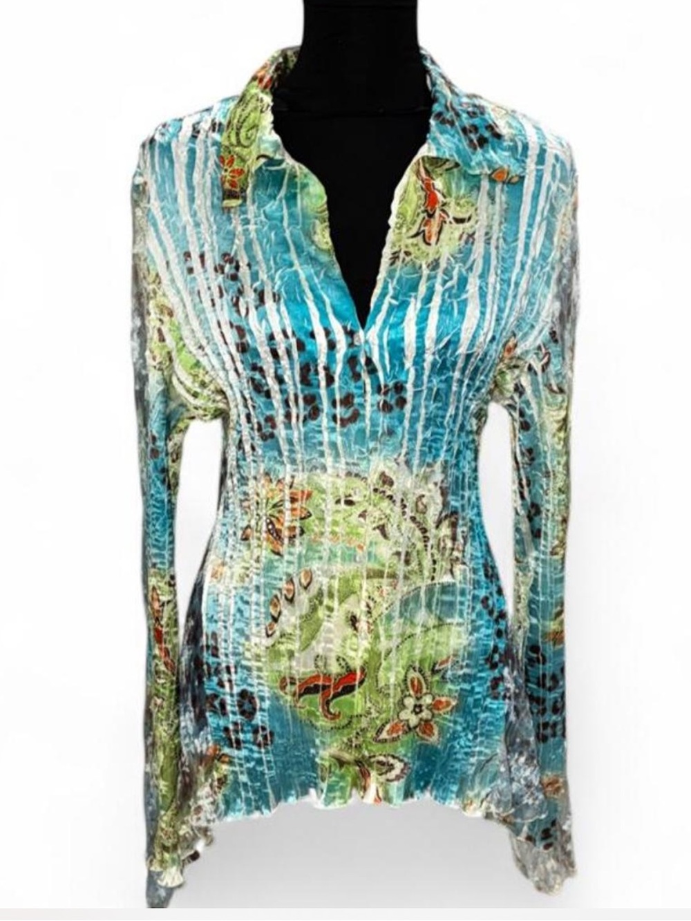 Komarov Teal and Green Crinkle Button-Down Blouse